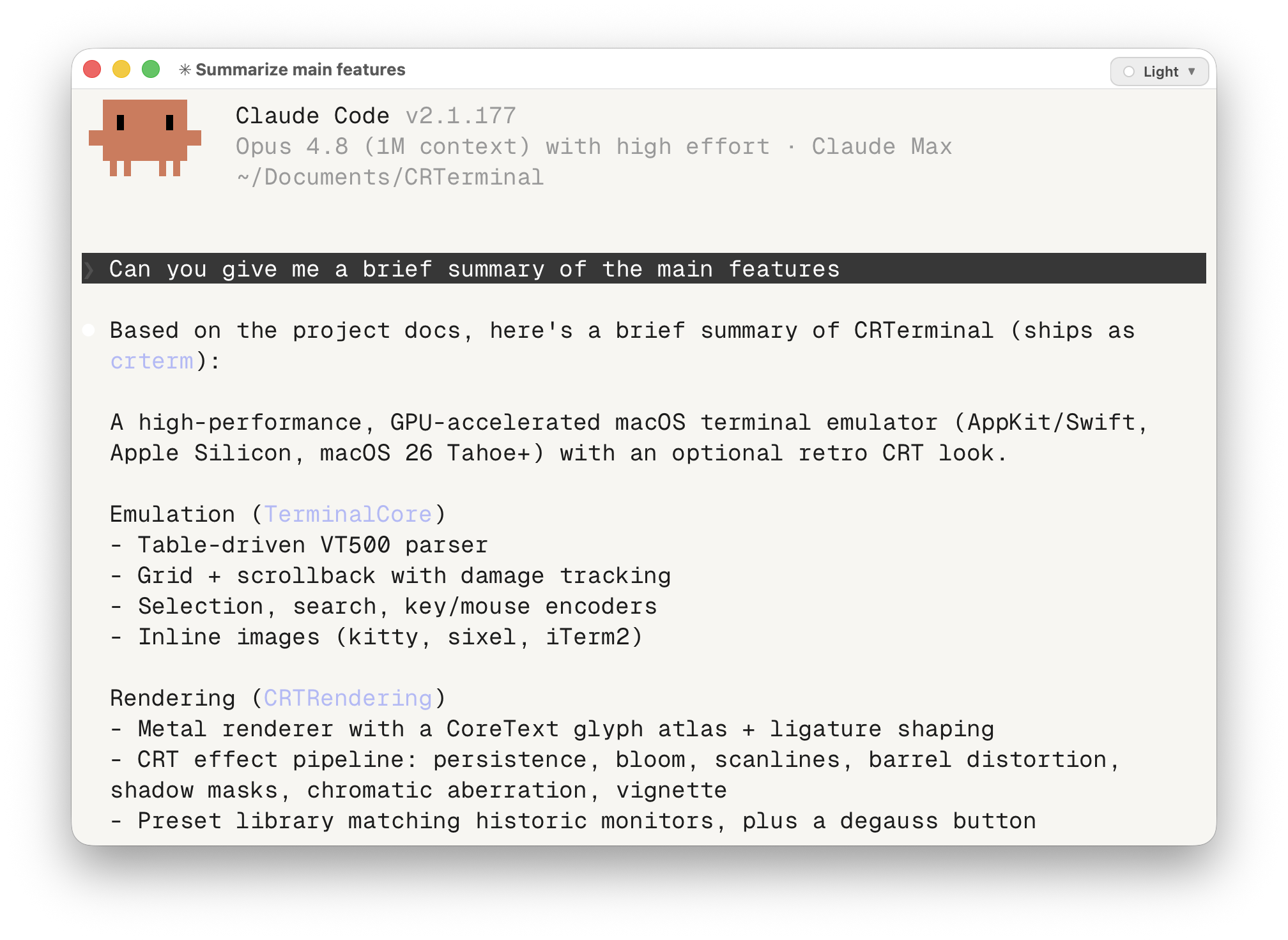 crterm running a shell session in light mode