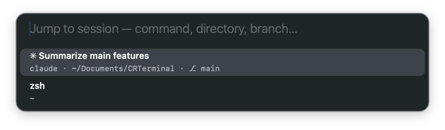 The Command-K search palette open over live sessions